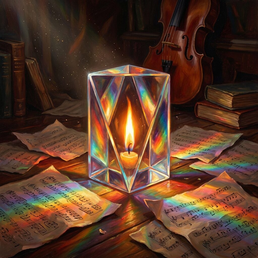 A dramatic illustration of a single bright flame burning inside a crystal prism, refracting into a spectrum of colors that illuminate a dark room, scattered sheet music pages on the floor catching the colored light, metaphorical and warm, suggesting something precious surviving against odds, rich amber and prismatic tones