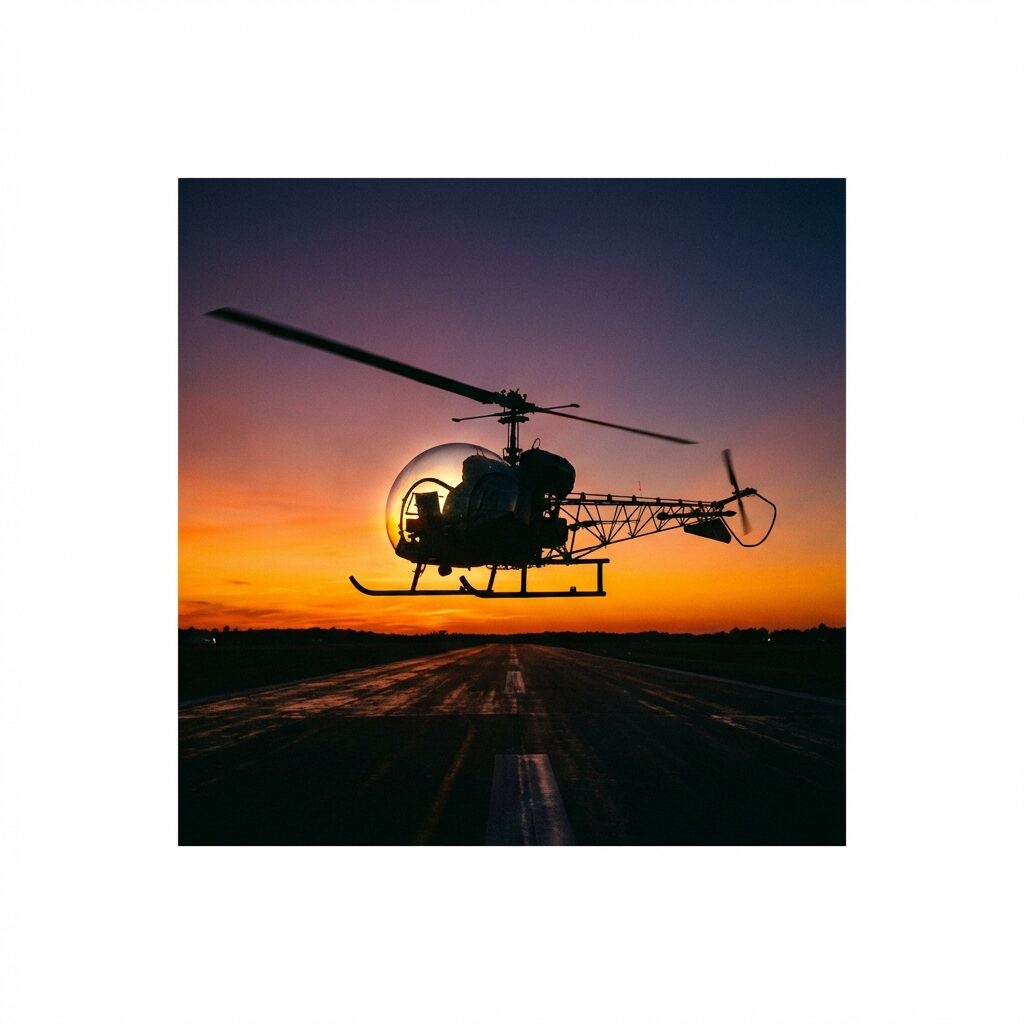 A Bell 47G helicopter silhouetted against a dramatic sunset sky, hovering just above a runway. The sky transitions from deep orange to purple to dark blue. The helicopter