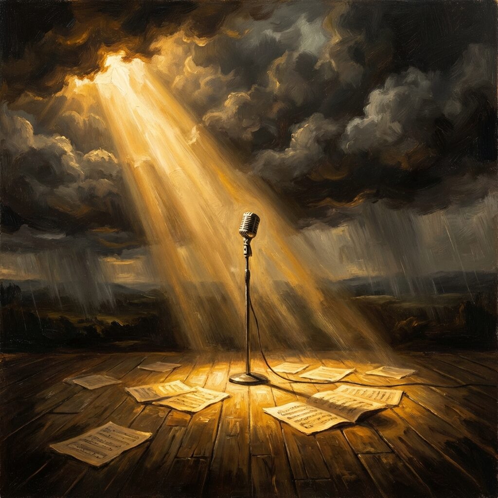 A single beam of warm golden light breaking through dark storm clouds and illuminating a lone microphone on an empty stage, scattered sheet music pages on the floor catching the light, dramatic atmosphere of resolution after struggle, oil painting style with rich contrast between shadow and illumination