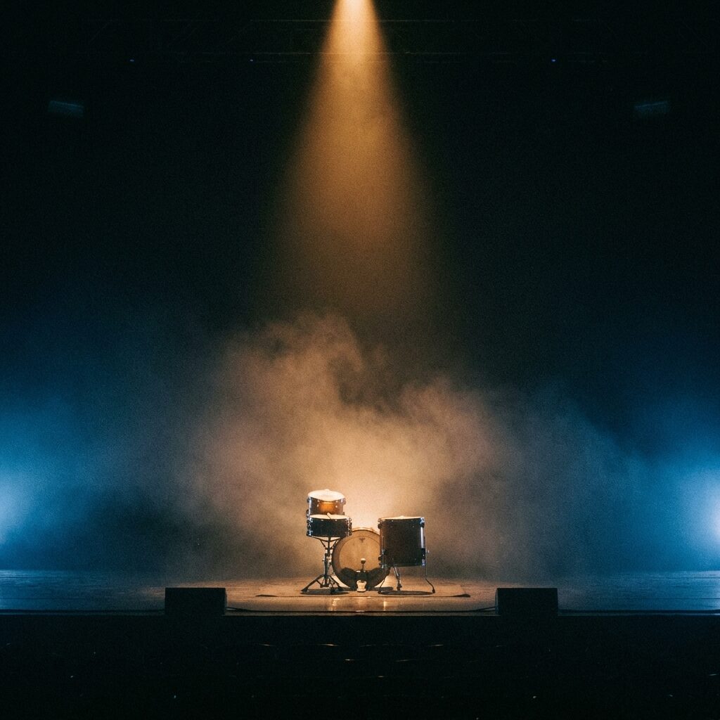 An empty, darkened concert stage viewed from the audience perspective. A single spotlight illuminates a lone drum kit at center stage — no cymbals, just toms and a snare. Fog drifts across the stage floor. The vast empty space of the venue stretches above and around the small, lit kit. The mood is contemplative and powerful — the emptiness itself feels dramatic. Deep blacks, a single warm amber spot, and cool blue ambient light at the edges. Painterly, atmospheric, with a sense of quiet grandeur.