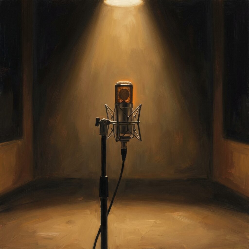 A single condenser microphone standing alone in an empty recording studio, bathed in a single warm spotlight from above, the rest of the room fading into deep shadow, a faint glow of amber light reflecting off the microphone