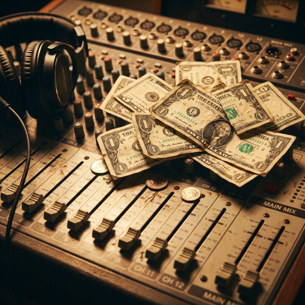 A stylized overhead view of a crumpled handful of dollar bills and loose coins scattered across a studio mixing console