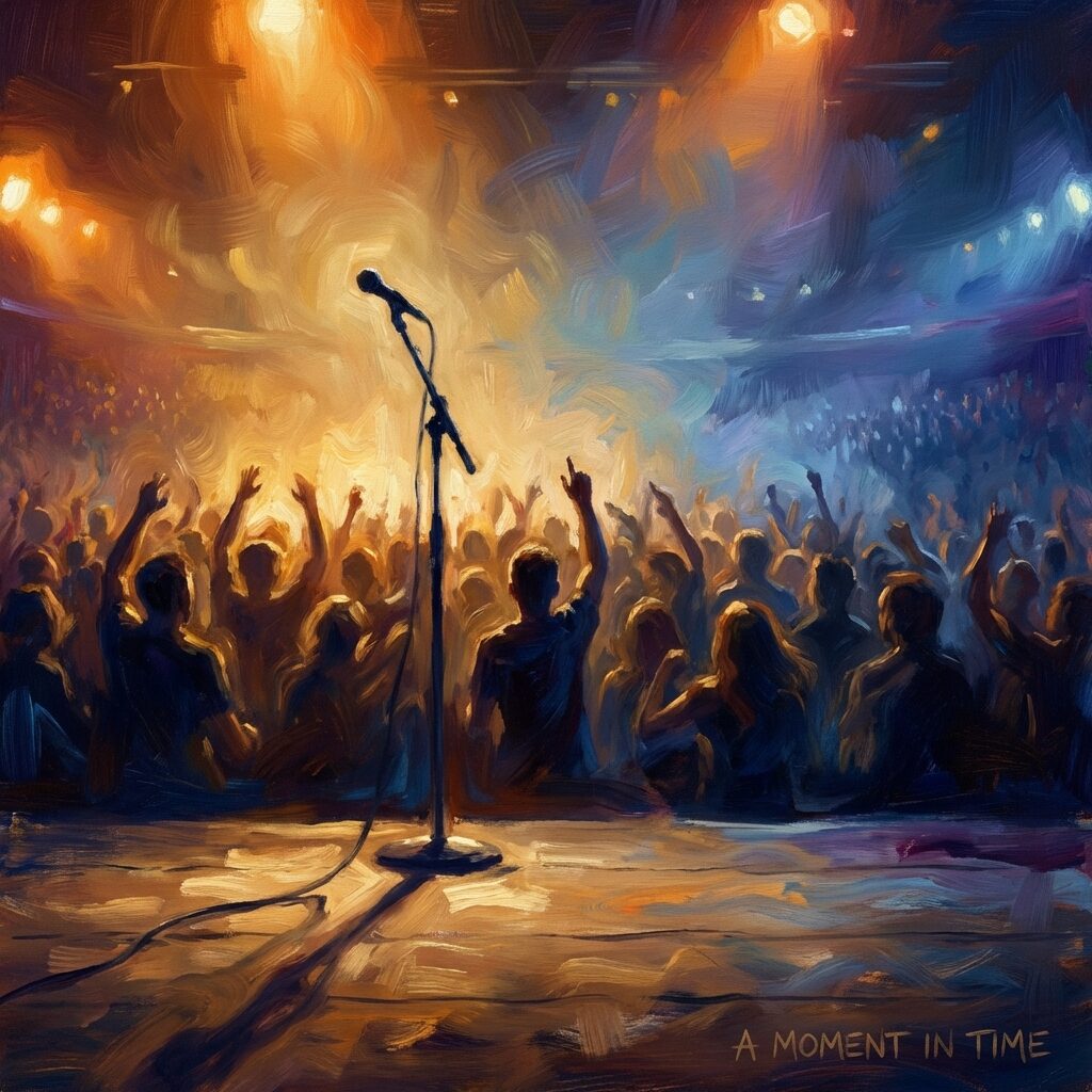 A stylized illustration of a concert crowd seen from behind the stage, thousands of silhouetted figures with arms raised, the warm glow of stage lights creating a halo effect, a single microphone stand in the foreground casting a long shadow, the atmosphere both triumphant and bittersweet, the lighting transitioning from warm golden tones near the stage to cool blue at the edges of the crowd, painted in a loose impressionistic style that captures the emotion of a live performance moment, suggesting both celebration and the passage of time