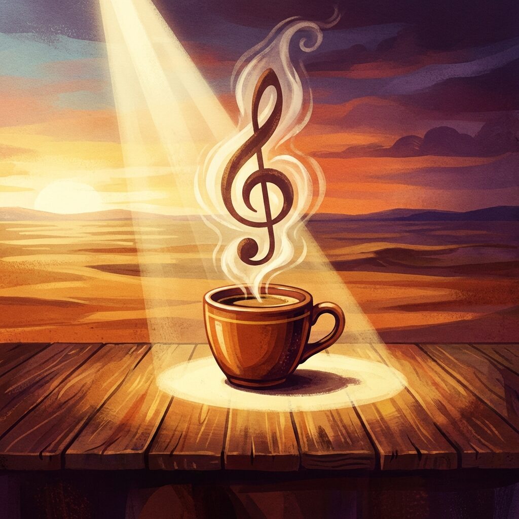 A stylized illustration of an espresso cup sitting on a festival stage under a single dramatic spotlight, steam rising from the cup forming the shape of a music note, vast empty desert landscape visible beyond the stage, transitioning from dawn to dusk across the frame, contemplative and triumphant mood, rich warm tones