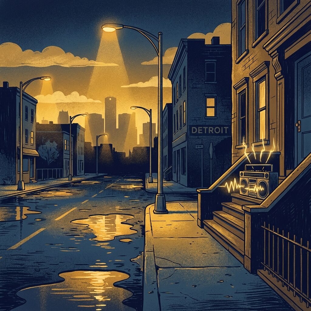 A stylized nighttime illustration of an empty Detroit street, the amber glow of streetlights reflecting in puddles on the asphalt, a single boombox sitting on a stoop with waveforms rising from its speaker into the night sky — in the distance, city lights haze softly against low clouds, the whole scene rendered in warm gold and cool navy, quiet and alive simultaneously
