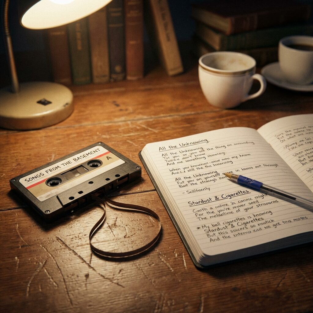 A cassette tape lying on a worn wooden table, slightly unspooled, next to an open notebook with handwritten lyrics and a cheap ballpoint pen. Warm, intimate lighting from a single desk lamp. The mood is of private, late-night creation — the specific rawness of something made before anyone knew it mattered. Photorealistic, close-up composition, shallow depth of field with the tape and notebook in focus and the background softly blurred.