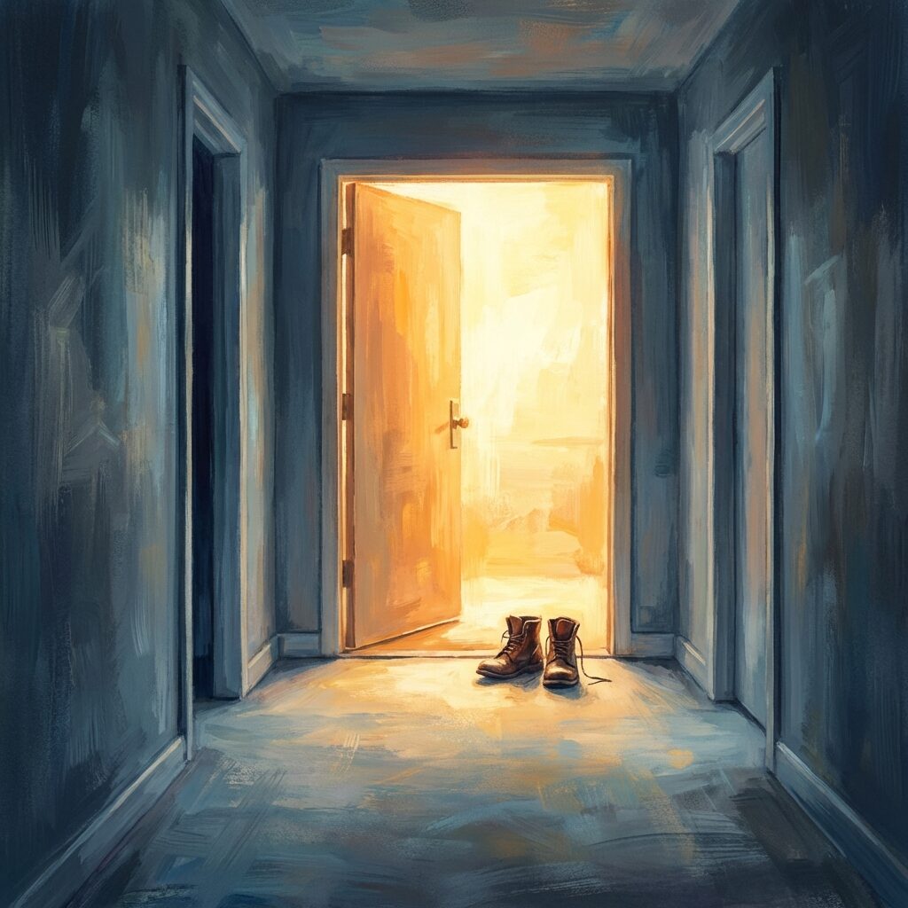 A stylized illustration of early morning light coming through an open doorway at the end of a long hallway, the door wide open, warm golden light flooding in from outside. The hallway is dim and cool behind, the future bright and open ahead. A single pair of shoes at the threshold, as if the person has just stepped through. No figures visible, no text. The mood is quietly triumphant. Painterly style with strong warm-to-cool contrast.