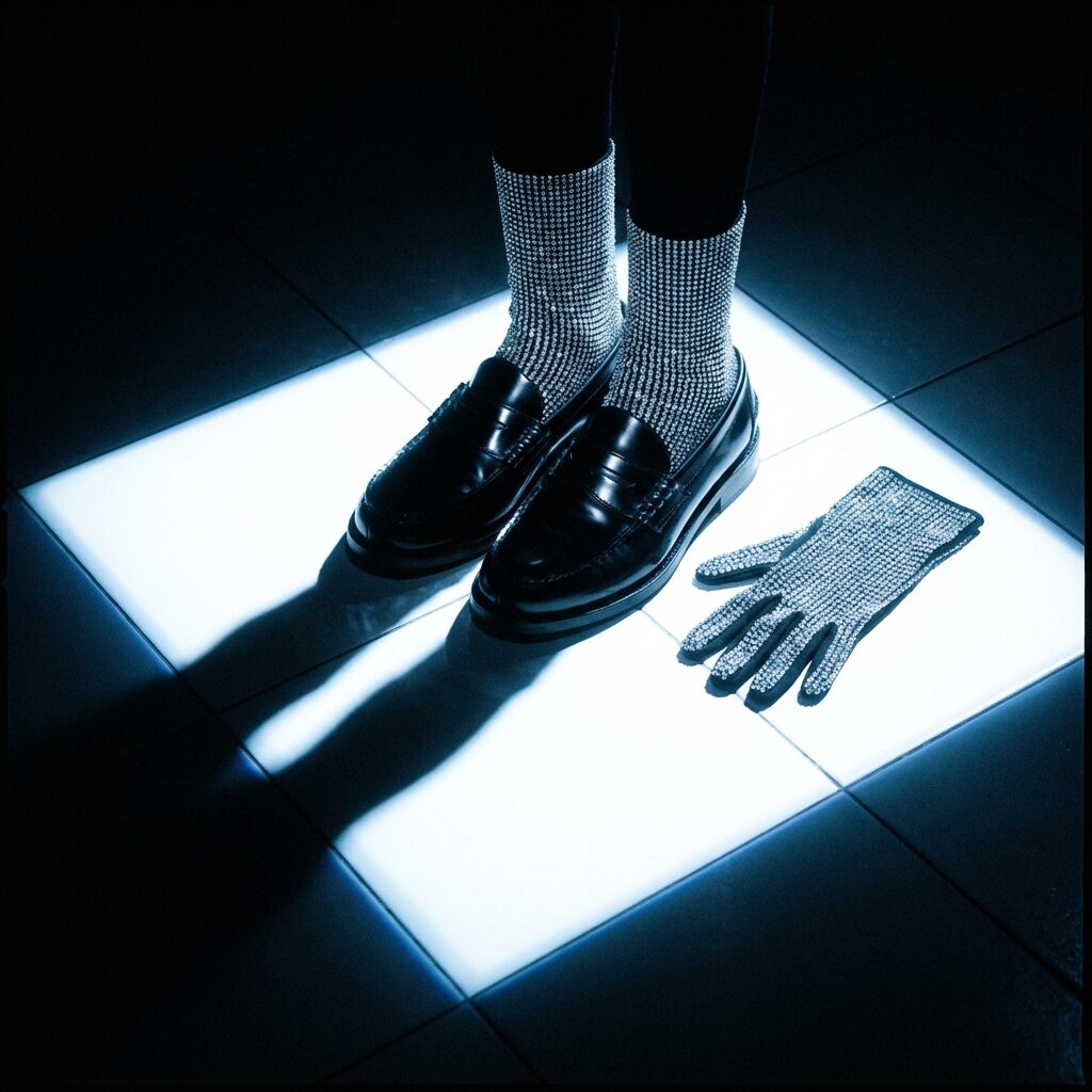 A single pair of black penny loafers with sparkling crystal socks standing on an illuminated floor tile that glows bright white, surrounded by darkness, the shoes casting a long dramatic shadow, a single rhinestone glove resting beside them, minimal composition with maximum impact, cool blue-white light against deep black, contemplative and iconic mood, square composition, no text, no people