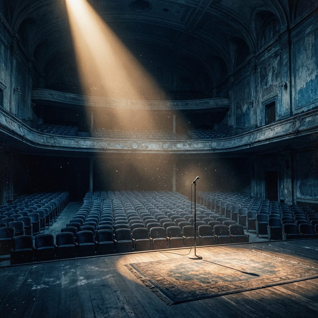 A stylized wide shot of an empty concert venue at night — seats stretching back into darkness, a single spotlight illuminating an empty stage. Dust motes float in the beam of light. The mood is reflective and quietly melancholy, the aftermath of something enormous. Deep blues and cool grays, with one warm circle of light at the center. The image suggests presence and absence simultaneously.