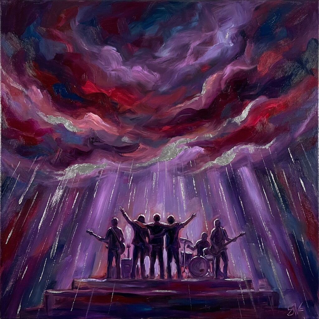 A stylized wide shot looking up at a dramatic purple and crimson sky with rain falling, multiple silhouetted figures standing together on a stage below looking upward, instruments visible in their hands, purple light streaming through the rain, a sense of collective triumph and transcendence, painted in a sweeping romantic style with rich purples, deep reds, and silver rain highlights