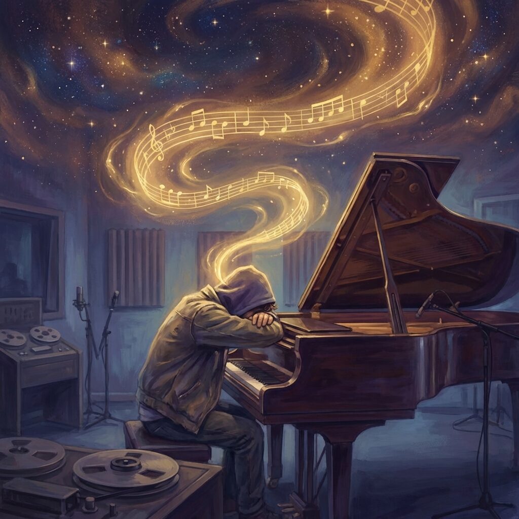 A stylized artistic scene of a figure asleep at a grand piano keyboard in a softly lit recording studio. Above the sleeping figure, dream-like wisps of golden light form musical notes and staff lines that spiral upward into a starry cosmos. The studio around them is quiet — tape machines still, lights dimmed, but the golden dream-music fills the upper half of the image with warmth and magic. Deep blues and purples below, warm golds and ambers above. Ethereal, painterly style with a sense of peace and wonder.