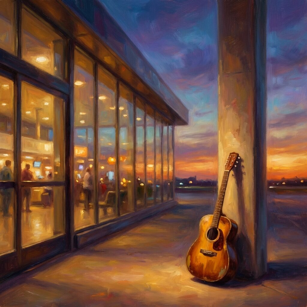 An artistic scene of an airport terminal at twilight, viewed from outside through large glass windows. Inside, the terminal is warm and glowing. Outside, a vast sky shifts from deep blue to amber at the horizon. A single acoustic guitar leans against a pillar in the foreground. The mood is reflective and bittersweet, suggesting both endings and beginnings. The style is painterly with soft edges and rich, warm colors suggesting nostalgia and permanence.