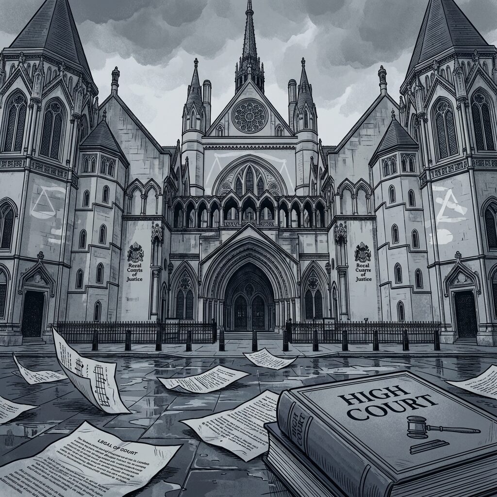 A stylized illustration of a London High Court exterior — classical stone architecture, gray English sky above. Legal documents and sheet music are scattered nearby, slightly overlapping each other. The image has a somber, institutional quality — cool grays and blues, precise architectural lines. The mood suggests formality and tension, the collision of art and commerce.