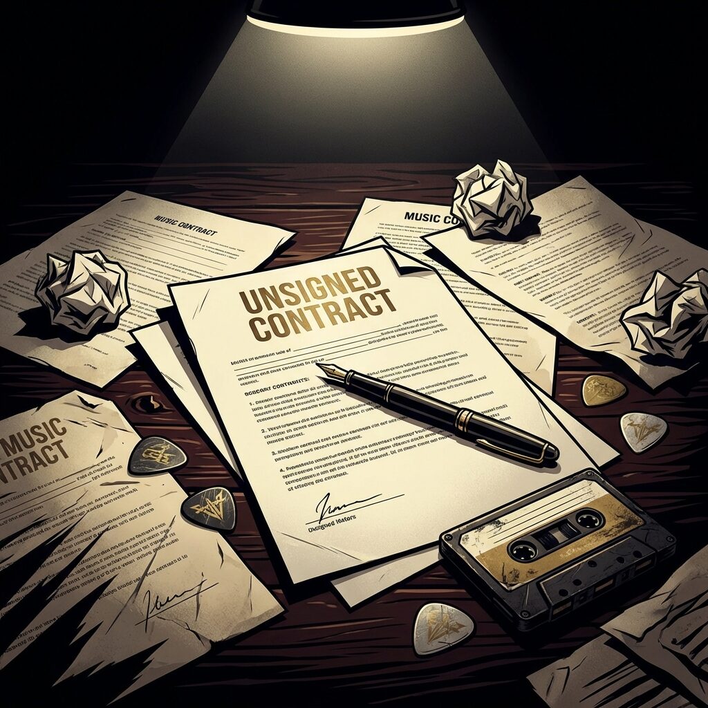 A stylized illustration of legal documents and music contracts scattered across a dark wooden desk, some pages crumpled, a pen lying across an unsigned contract, a spotlight illuminating the papers from above creating dramatic shadows, faded guitar picks and a cassette tape mixed in among the documents, the overall mood tense and adversarial, rendered in a noir-influenced style with high contrast between deep shadows and sharp highlights, a color palette of dark mahogany, cream paper, and metallic gold accents suggesting both the music industry and legal proceedings
