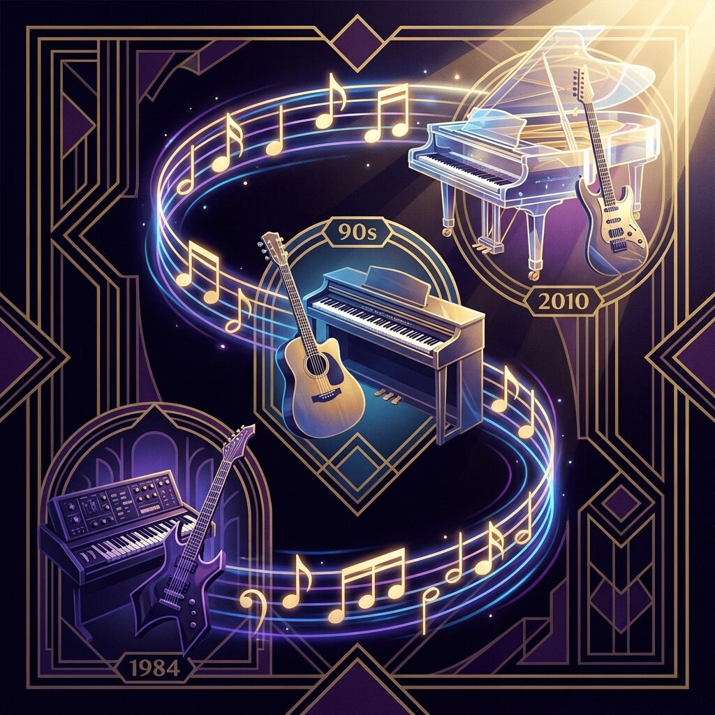 A chain of glowing musical notes connecting different stylized pianos and guitars across a dark background, each instrument in a different era