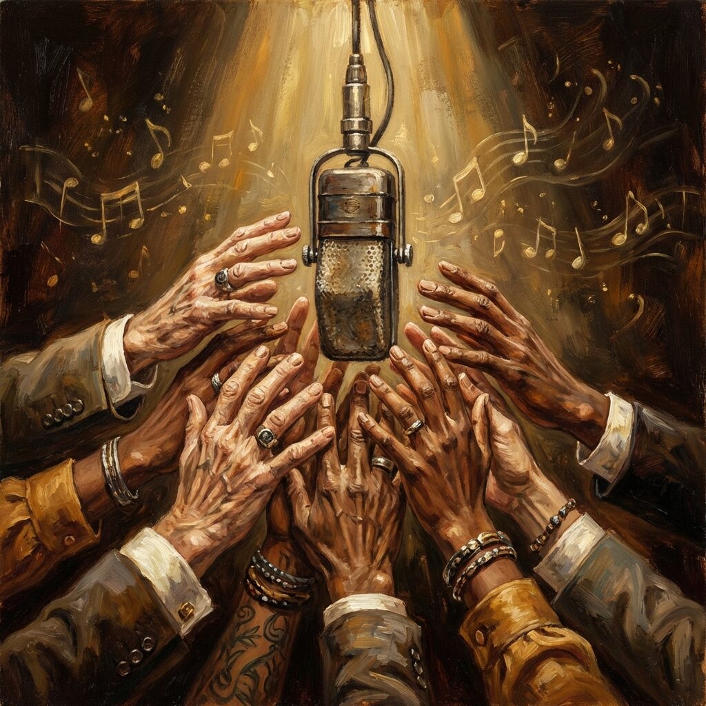 A warm, richly colored scene of multiple diverse hands reaching toward a single vintage microphone from different angles, each hand different in age and style, suggesting many different artists and voices converging on one song, golden warm lighting from above, a dark background with subtle music notes floating like dust particles, painted in a soulful expressive style with warm amber and deep brown tones