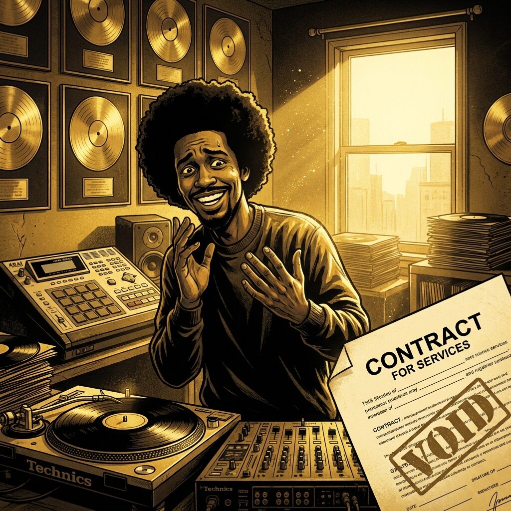 A stylized illustration of a DJ or producer in a 1990s recording studio — an MPC drum machine, a turntable, gold records on the wall behind. The mood is celebratory but complicated, golden late-afternoon light, stacks of vinyl. A court document or contract sits slightly out of frame. The aesthetic blends hip-hop era energy with a slight tension. Warm golds and deep shadows.