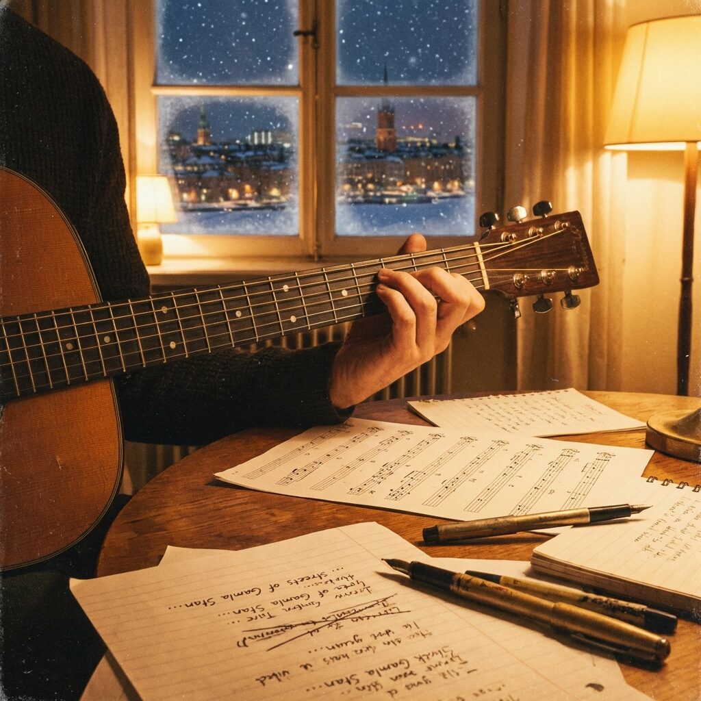 An artistic close-up of an acoustic guitar being played, fingers on the fretboard forming an arpeggio chord shape. Sheet music and handwritten lyric notes are scattered on a wooden table nearby, some with crossed-out lines and revisions. A Stockholm winter night is visible through a frosted window in the background. Warm incandescent lighting creates a golden atmosphere. The mood is intimate and creative, suggesting a late-night songwriting session.