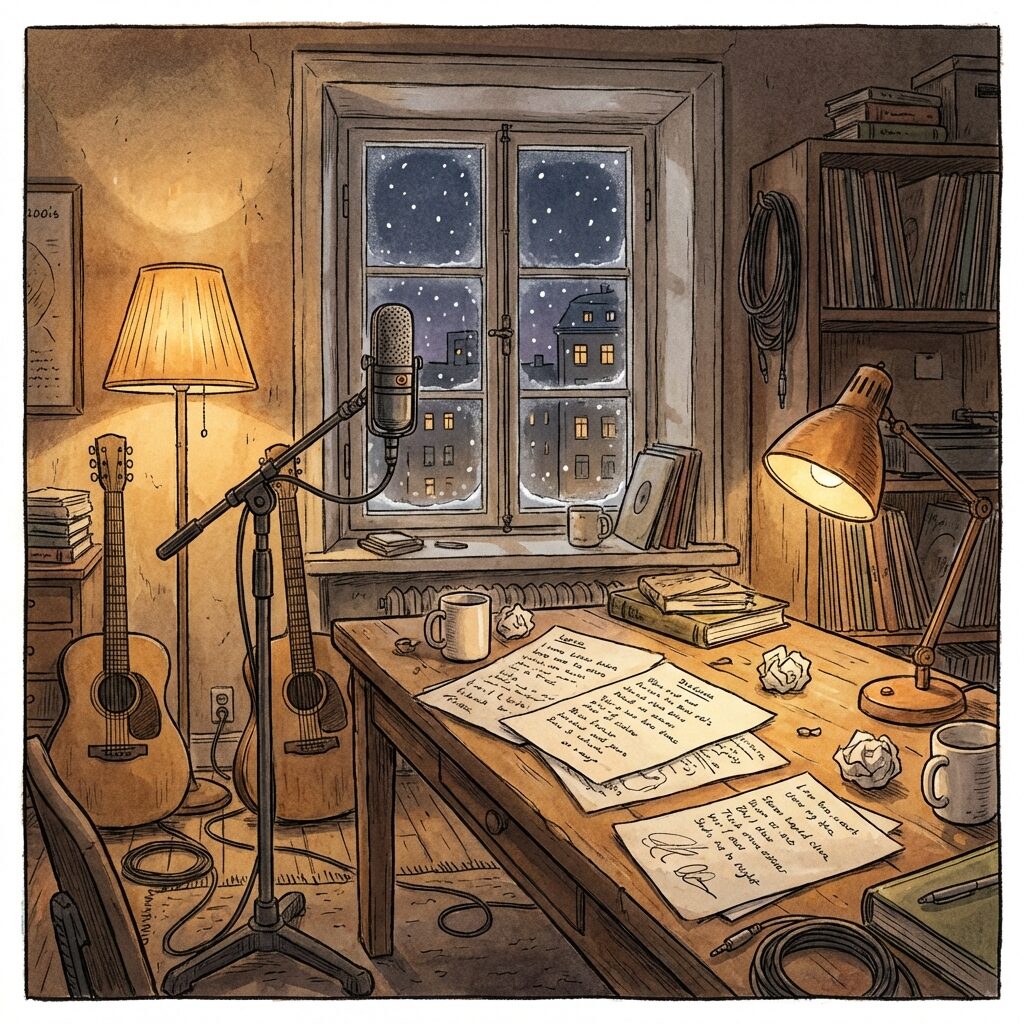 Interior of a cozy but cluttered Stockholm recording studio at night, warm amber lighting from desk lamps, scattered handwritten lyric sheets on a wooden desk, a vintage microphone on a stand, snow visible through a frosted window, coffee cups and crumpled paper, intimate songwriting atmosphere, artistic illustration style