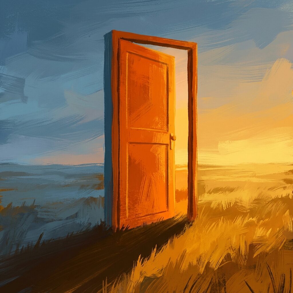 A stylized illustration of a large orange door — the same visual language as the Tiago PZK Version single artwork — standing alone in an open field at golden hour, casting a long shadow. The door is slightly ajar. On one side, cool blue and grey; on the other, warm amber light. The composition suggests both ending and beginning, simultaneously. No figures, no text, painterly style with bold color contrast.