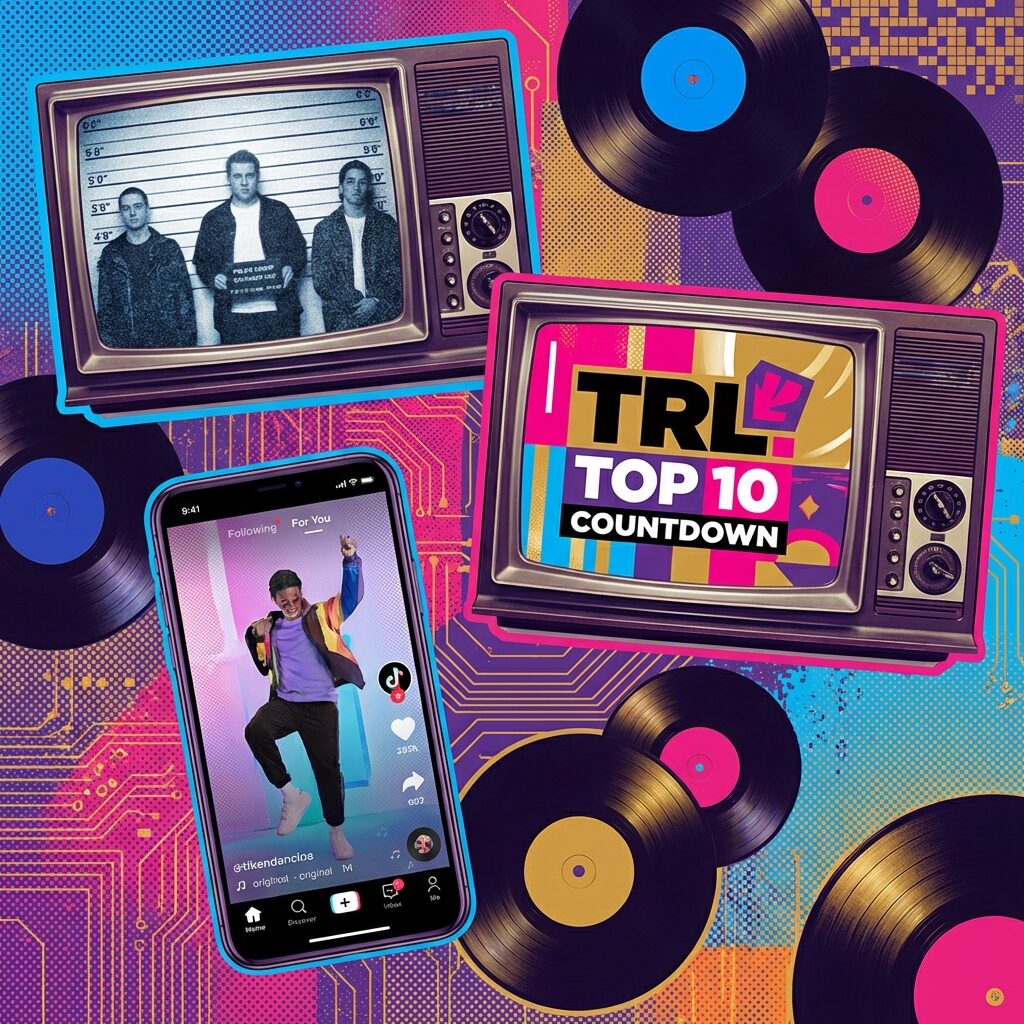 A colorful artistic collage representing multiple eras and contexts: a TV screen showing a police lineup scene, a vintage TRL-era television with countdown graphics, a smartphone displaying a TikTok interface, and vinyl records scattered around. The composition is dynamic and layered, with elements from the late 1990s through the 2020s blending together. The color palette is vibrant with pops of blue, pink, and gold. The style is graphic and slightly retro-futuristic.