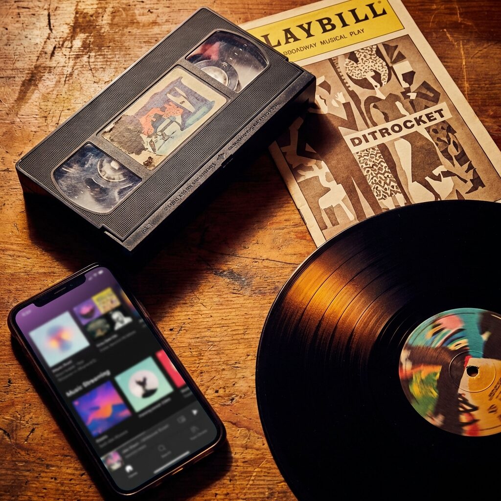 A collage-style artistic composition showing cultural artifacts from different decades: a 1990s VHS tape case, a Broadway musical playbill, a modern smartphone showing a streaming music interface, and a vintage vinyl record, all arranged on a surface with dramatic lighting. Each object represents a different era of cultural impact. Warm mixed lighting, rich saturated colors, nostalgic yet contemporary feel. Square composition, no readable text, no recognizable faces or logos.