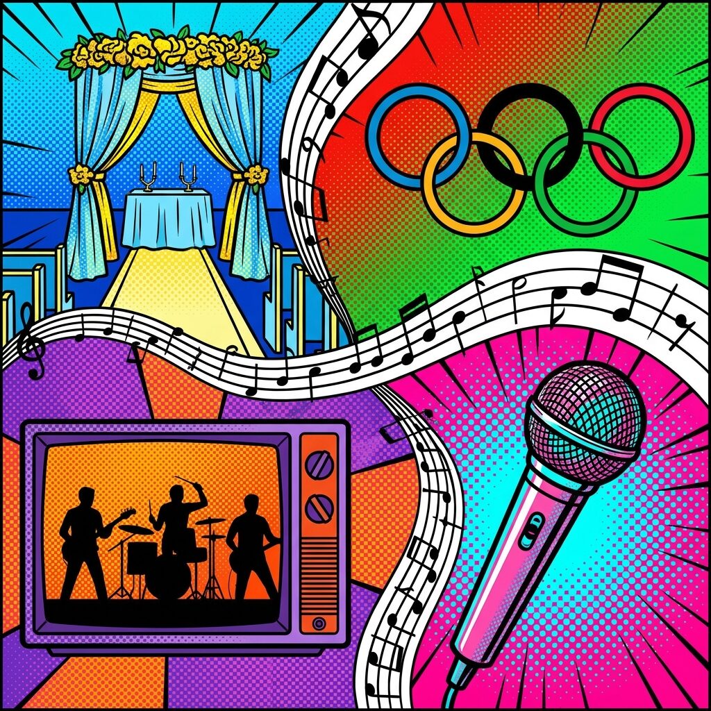 A mosaic of overlapping scenes representing the song