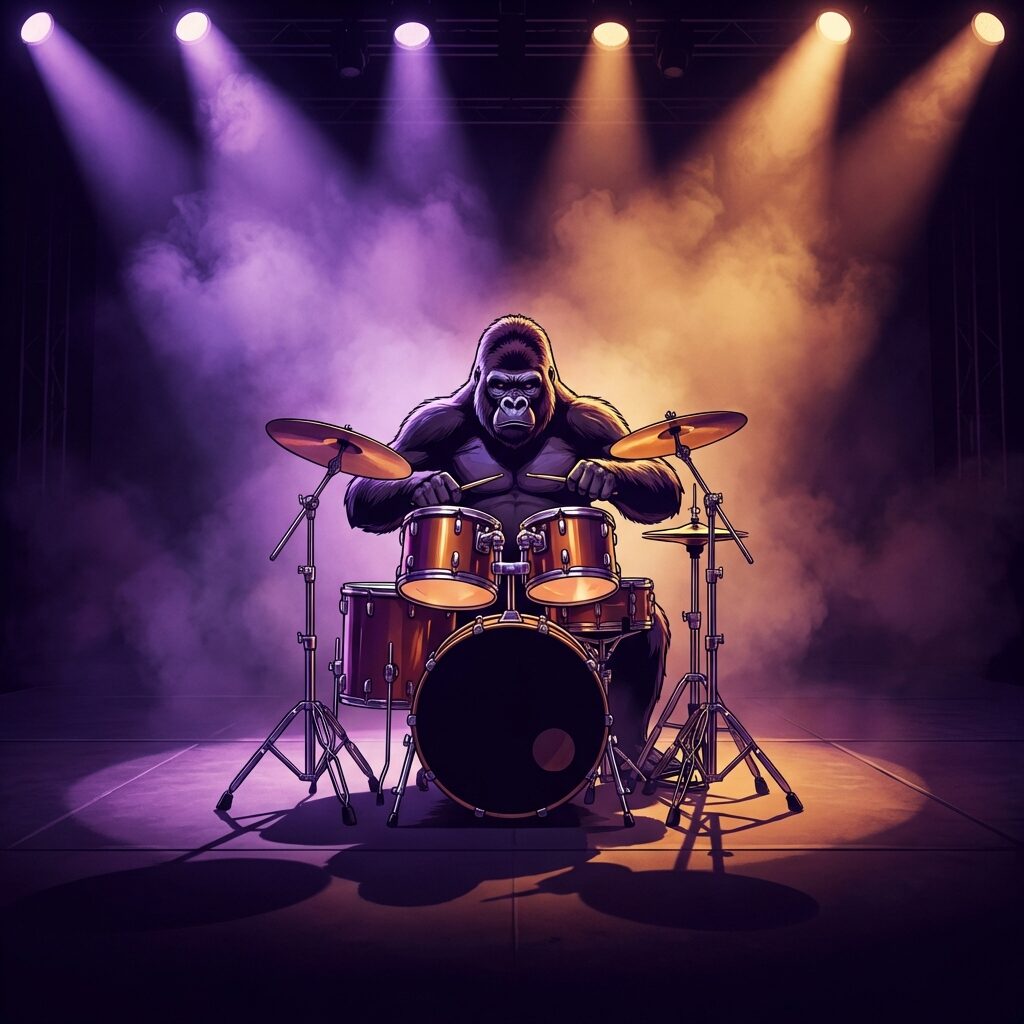 A dramatic scene of a gorilla in a dark spotlight, seated behind a full drum kit on an empty stage. The gorilla
