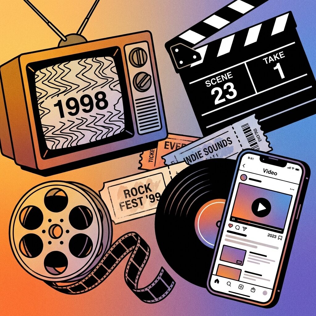 A stylized collage composition featuring iconic late-90s and modern cultural elements layered together: a vintage television set showing static, a film reel unwinding, a smartphone displaying a video app interface, concert ticket stubs, a vinyl record, and a movie clapperboard, all arranged in a dynamic overlapping layout against a gradient background shifting from warm 90s amber on the left to cool modern blue-purple on the right, rendered in a bold graphic illustration style with clean lines and vibrant colors, capturing the passage of time through pop culture artifacts