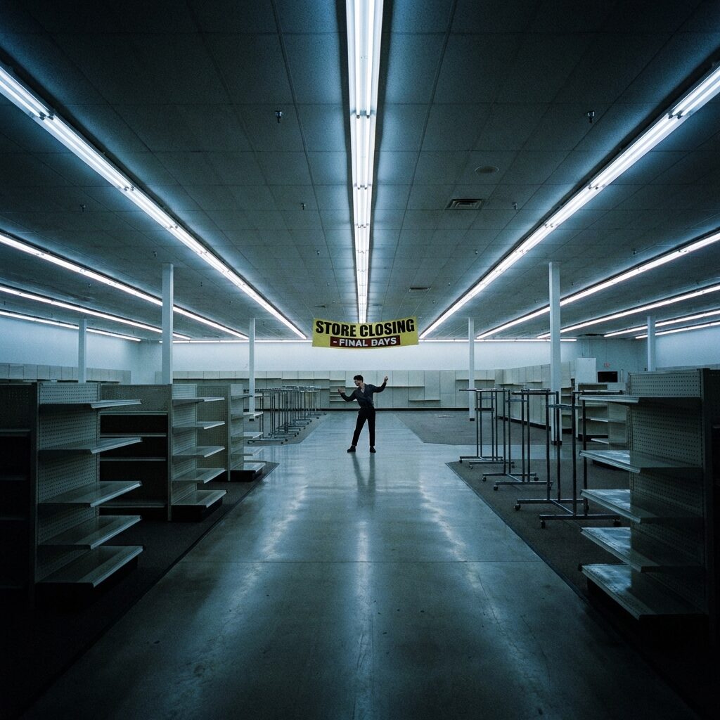 A wide shot of an empty big-box retail store at night, fluorescent ceiling lights stretching into the distance, empty metal clothing racks and bare shelves, a lone figure standing in the middle of the vast empty space with arms slightly raised as if performing, the feeling of a closing, of an era ending, rendered in a slightly surreal cinematic style with cool blue-white fluorescent tones and long dramatic shadows