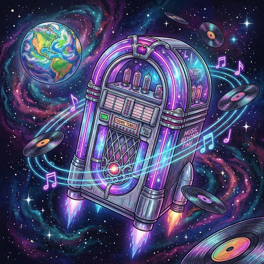 A whimsical sci-fi illustration of a retro-futuristic jukebox floating in outer space with Earth visible in the background, musical notes and vinyl records orbiting around it like satellites, glowing neon purple and cosmic blue tones, stars and nebulae in the background, suggesting music transcending time and space