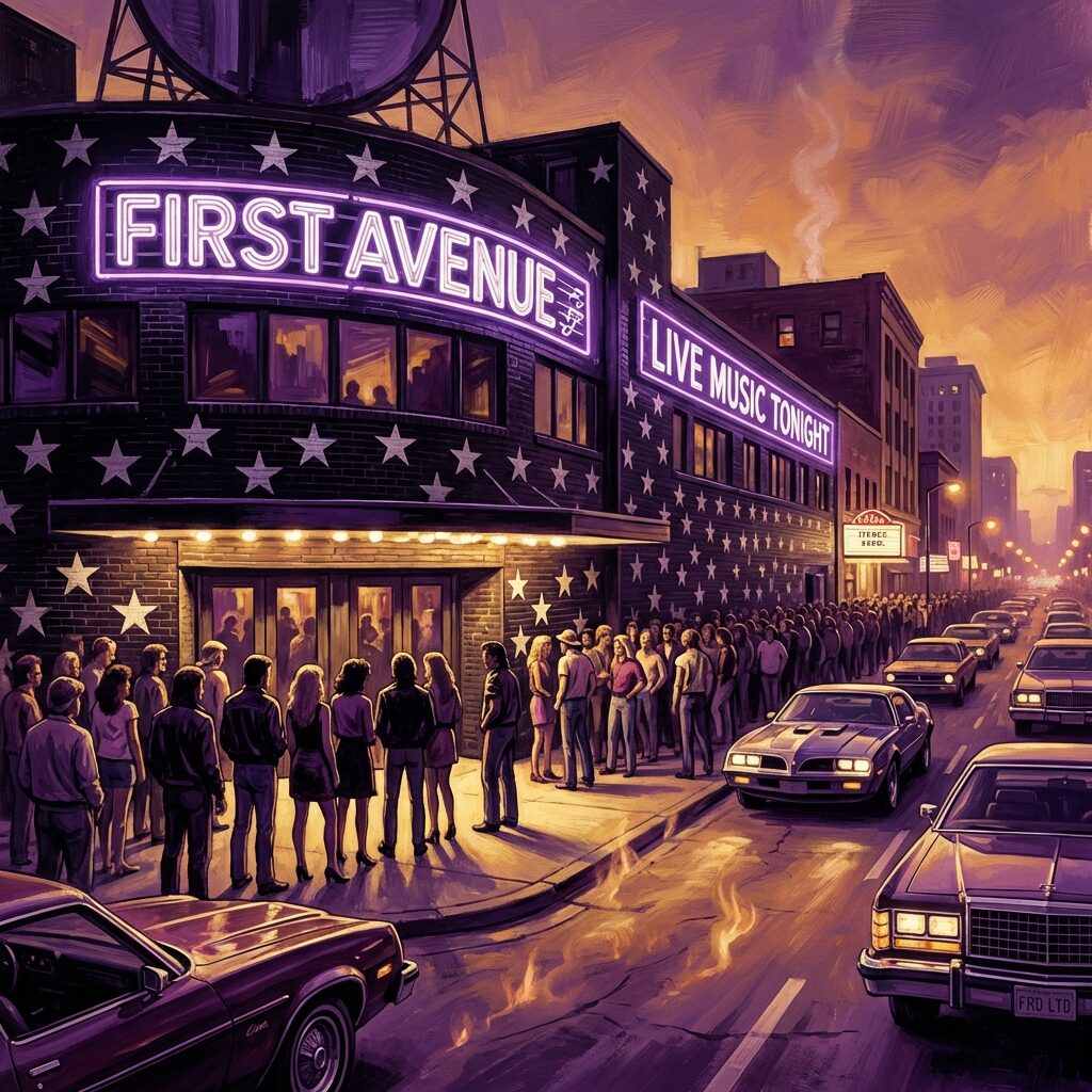 A stylized exterior of a legendary Minneapolis nightclub at night, a dark facade covered in white stars against black walls, neon signs glowing in purple and white, a line of concertgoers stretching down the sidewalk, warm summer night atmosphere with heat shimmer visible, urban setting with vintage 1980s cars, painted in a dramatic nocturnal style with deep purples and warm yellows