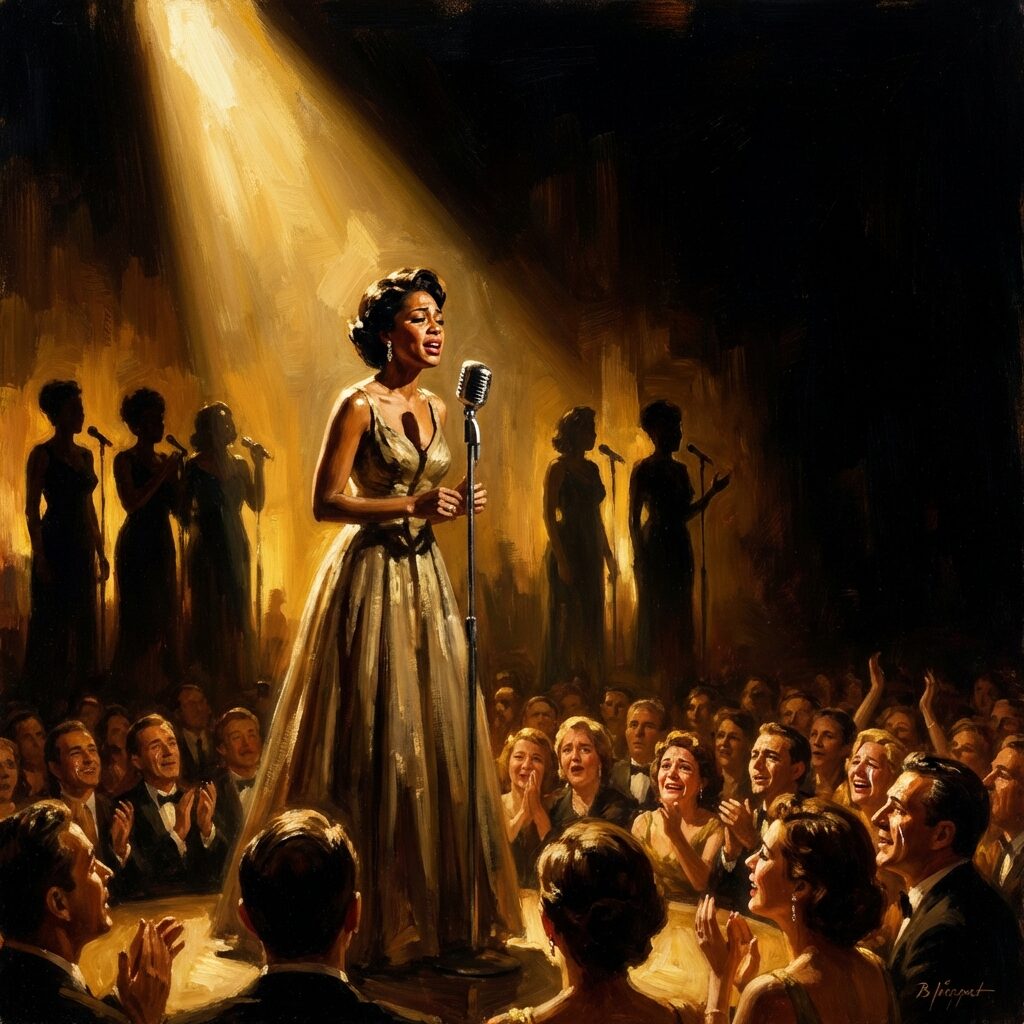 A dramatic concert stage scene from an awards ceremony, a single spotlight illuminating a lone female singer at a vintage microphone, four backup singers in silhouette behind her, the audience visible in warm ambient glow below, the atmosphere electric with emotion, golden stage lighting and deep shadows, painted in a cinematic impressionistic style with warm golds against deep blacks