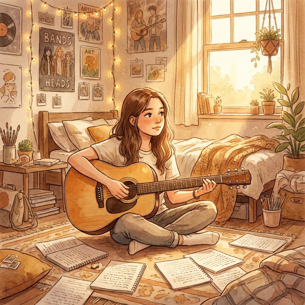 A stylized illustration of a teenage girl sitting cross-legged on a bedroom floor, acoustic guitar across her lap, notebook pages scattered around her, warm golden afternoon light streaming through a window, fairy lights on the wall behind her, the room decorated with posters and photos, intimate and creative atmosphere, soft watercolor style with warm amber and gold tones