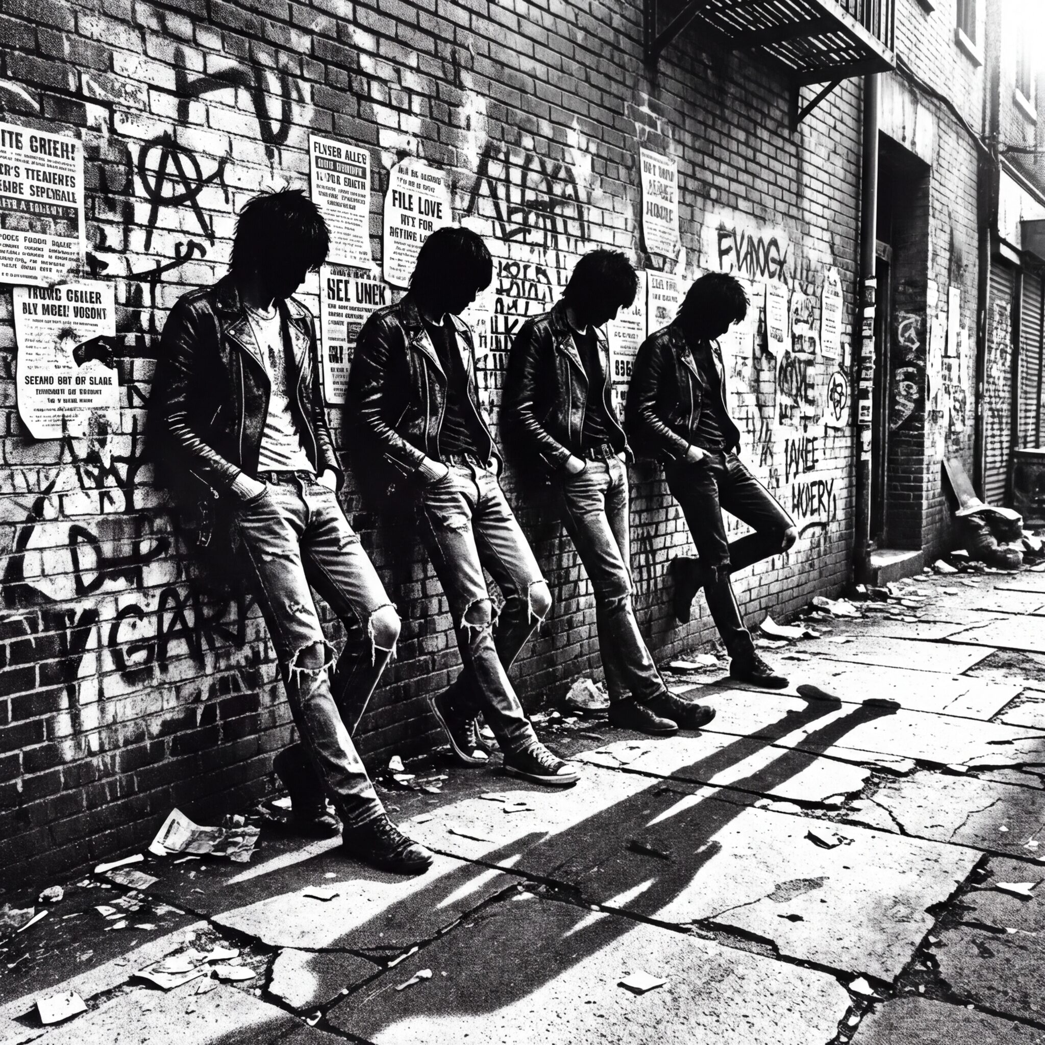 A stylized black-and-white illustration of four tall, thin figures in leather jackets and ripped jeans standing shoulder-to-shoulder against a crumbling brick wall covered in graffiti, in the style of a 1970s punk zine. The Bowery, New York City. Harsh afternoon light casting long shadows. Gritty urban atmosphere, high contrast, grainy texture like a photograph from a cheap point-and-shoot camera. No text, no faces visible — just silhouettes and posture conveying defiant boredom.