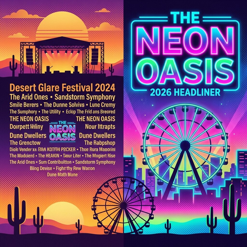 A stylized split-screen concert poster design, left side showing a small name in the middle of a festival lineup in warm 2024 sunset tones, right side showing the same name massive at the top in bold neon 2026 colors, desert and ferris wheel silhouette in background, graphic art style with halftone dots and vibrant gradients