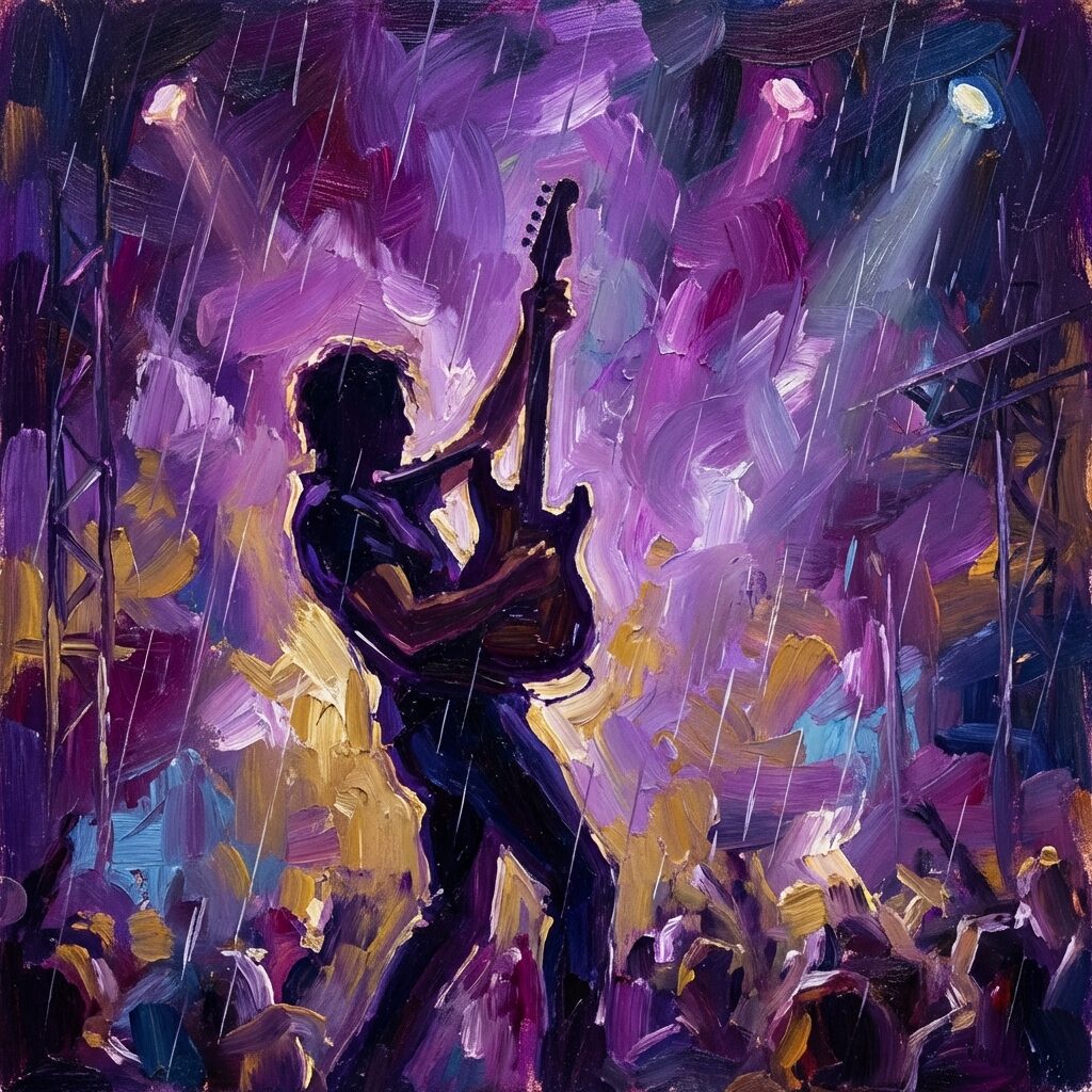 A stylized artistic rendering of a musician in purple stage lighting, guitar raised triumphantly overhead, silhouetted against a wash of violet and magenta light, rain falling through spotlight beams, concert stage atmosphere, dramatic and iconic pose, painted in an impressionistic style with bold purple and gold tones