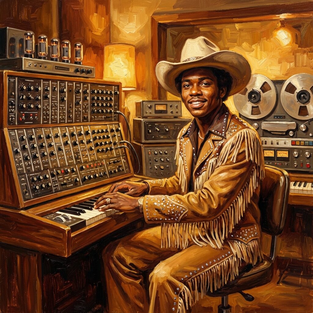 A stylized artistic portrait of a young Black musician circa 1976, seated at a grand synthesizer keyboard in a warmly lit recording studio. He wears a flamboyant cowboy outfit with fringe and a wide-brimmed hat. Vintage studio equipment, reel-to-reel tape machines, and warm amber lighting fill the background. The mood is confident and electric, capturing the energy of the mid-1970s music scene. Painterly style with rich golden and brown tones.