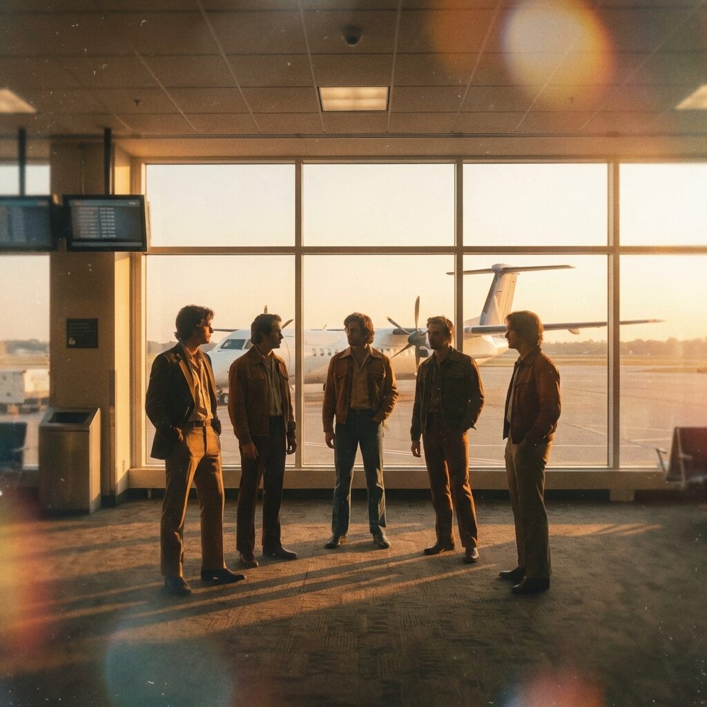A stylized artistic rendering of five male silhouettes standing in formation at an airport terminal gate at golden hour, circa late 1990s. The scene is bathed in warm amber light streaming through large terminal windows. A commercial airplane is visible on the tarmac behind them. The aesthetic is dreamy and nostalgic, with soft lens flare effects and a slightly desaturated color palette evoking 1999. No text in the image.