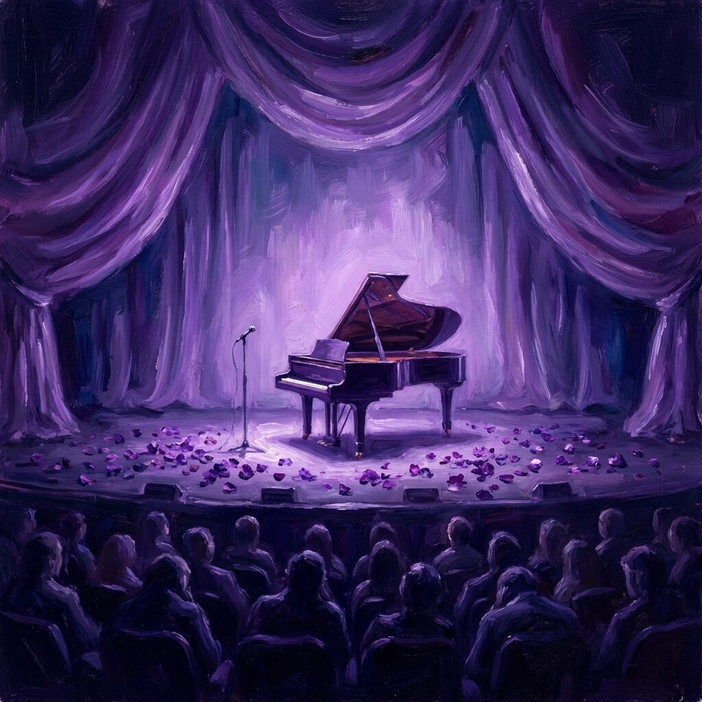 A stylized concert stage bathed entirely in purple light, a grand piano sitting alone center stage with a single spotlight, empty microphone stand nearby, purple flower petals scattered across the dark stage floor, the atmosphere solemn and reverent, audience in deep shadow, painted in a moody impressionistic style with deep violet, lavender, and midnight blue tones