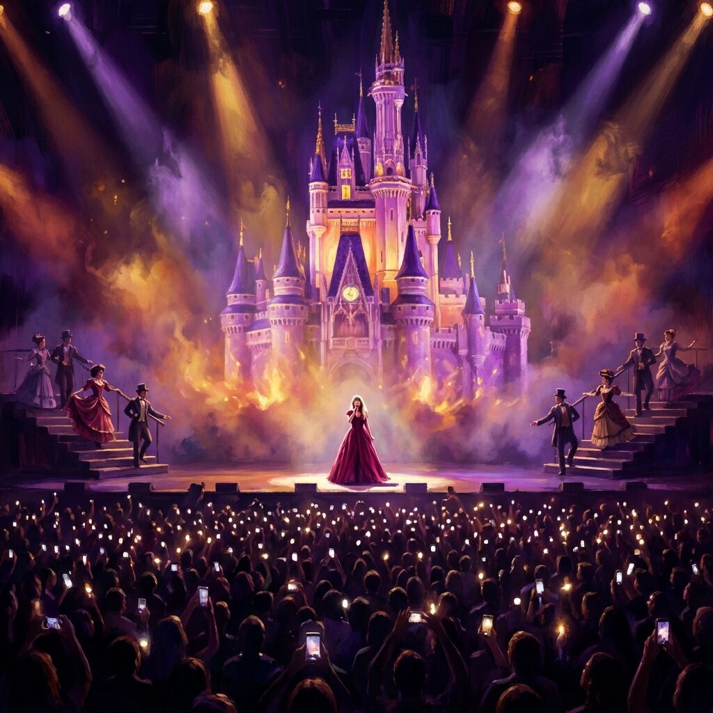 A stylized concert stage scene viewed from the audience, an enormous projected castle backdrop glowing in purple and gold light, a lone figure in a flowing crimson gown standing at center stage spotlight, Victorian-costumed dancers flanking the stairs, thousands of tiny phone flashlights creating a starfield in the crowd, dramatic theatrical lighting with fog effects, the energy of a massive arena show, vibrant warm palette with deep purples and golds, painterly illustration style