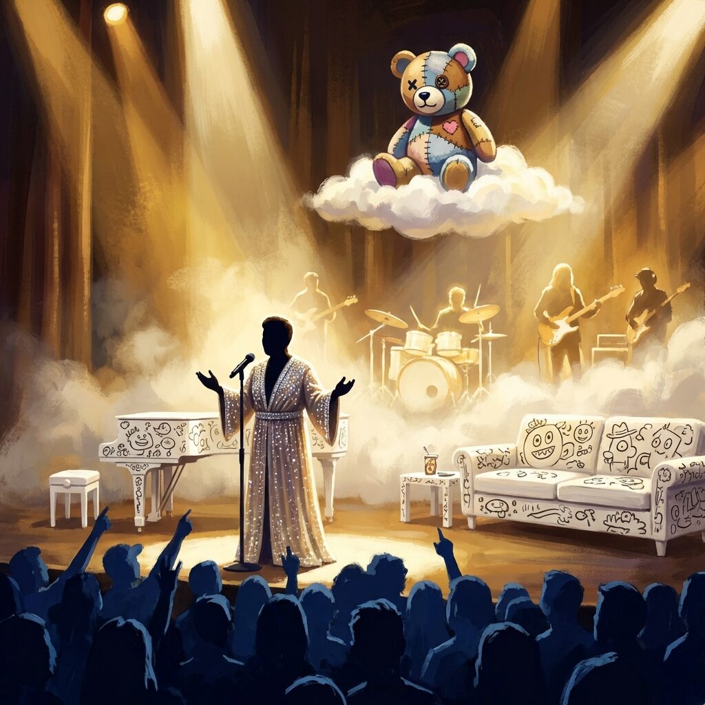 A stylized illustration of a theatrical concert stage seen from the crowd