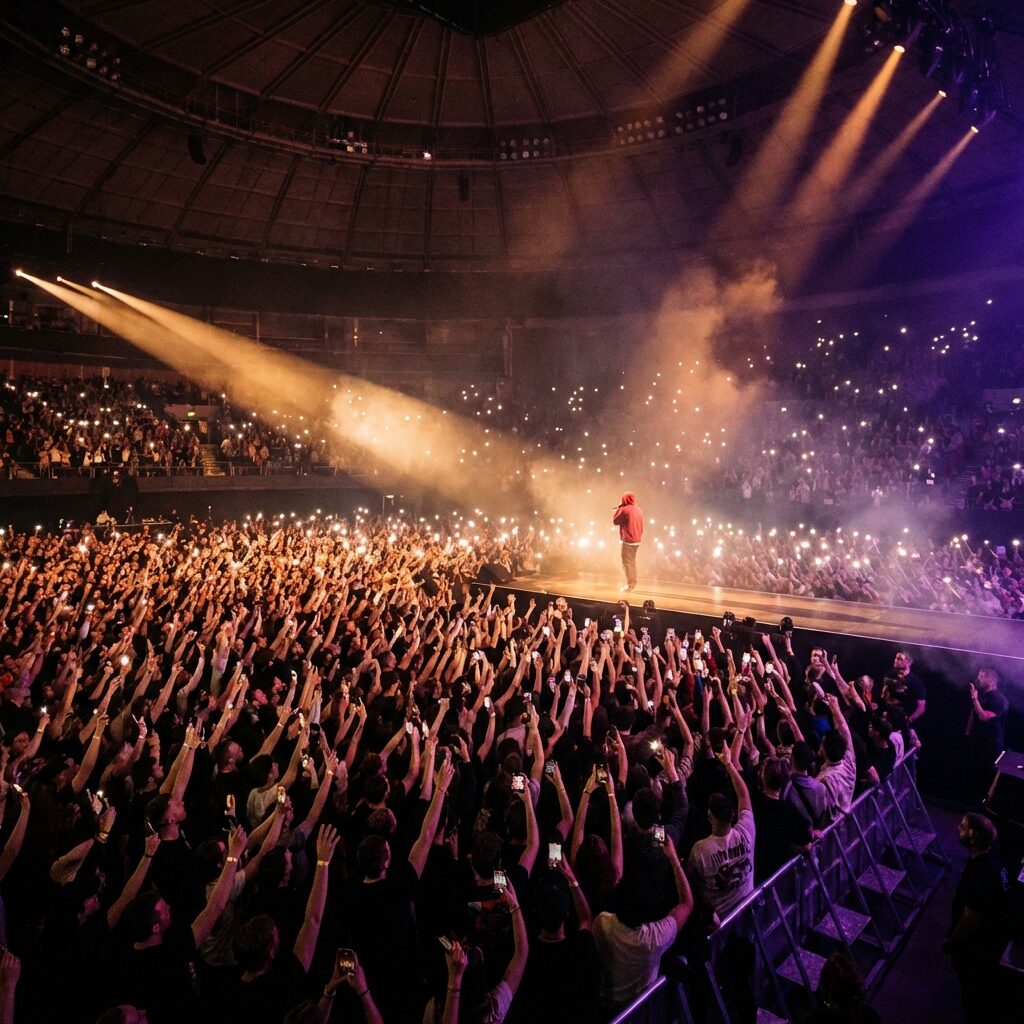 A massive concert arena seen from the back of the crowd, thousands of raised hands and phone flashlights creating a sea of light. On a distant stage, a single figure stands in a red hoodie under dramatic spotlights. The lighting is warm amber and deep purple, with haze drifting through the beams. The scale is overwhelming — the crowd extends in every direction. Shot from slightly above, as if standing on a balcony looking down at the floor. Cinematic, electric, alive.