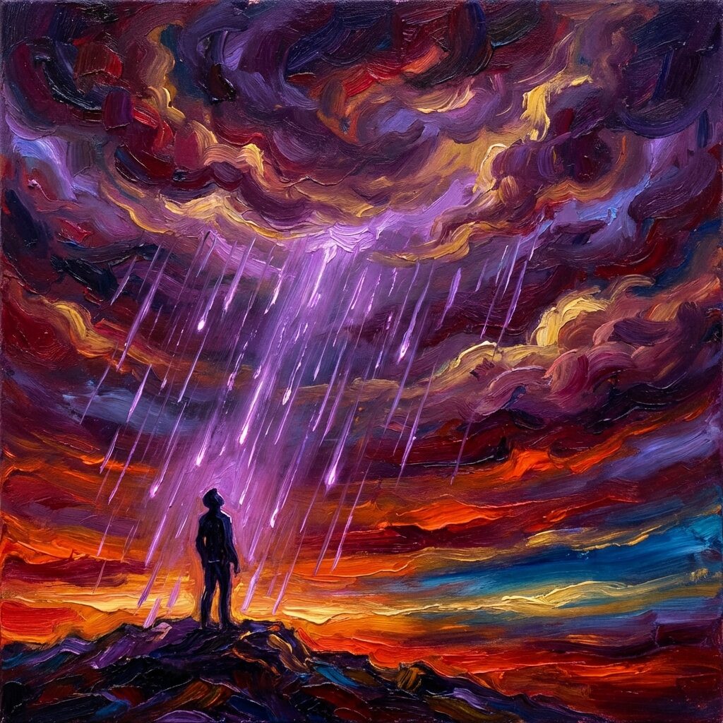 A dramatic stylized sky at twilight, deep purple and crimson clouds swirling together, rain falling in sheets that catch the light and appear to glow violet, a single silhouetted figure standing below looking upward, the horizon line between apocalyptic red and hopeful dawn blue, painted in a bold expressionist style with rich saturated purples, reds, and golds