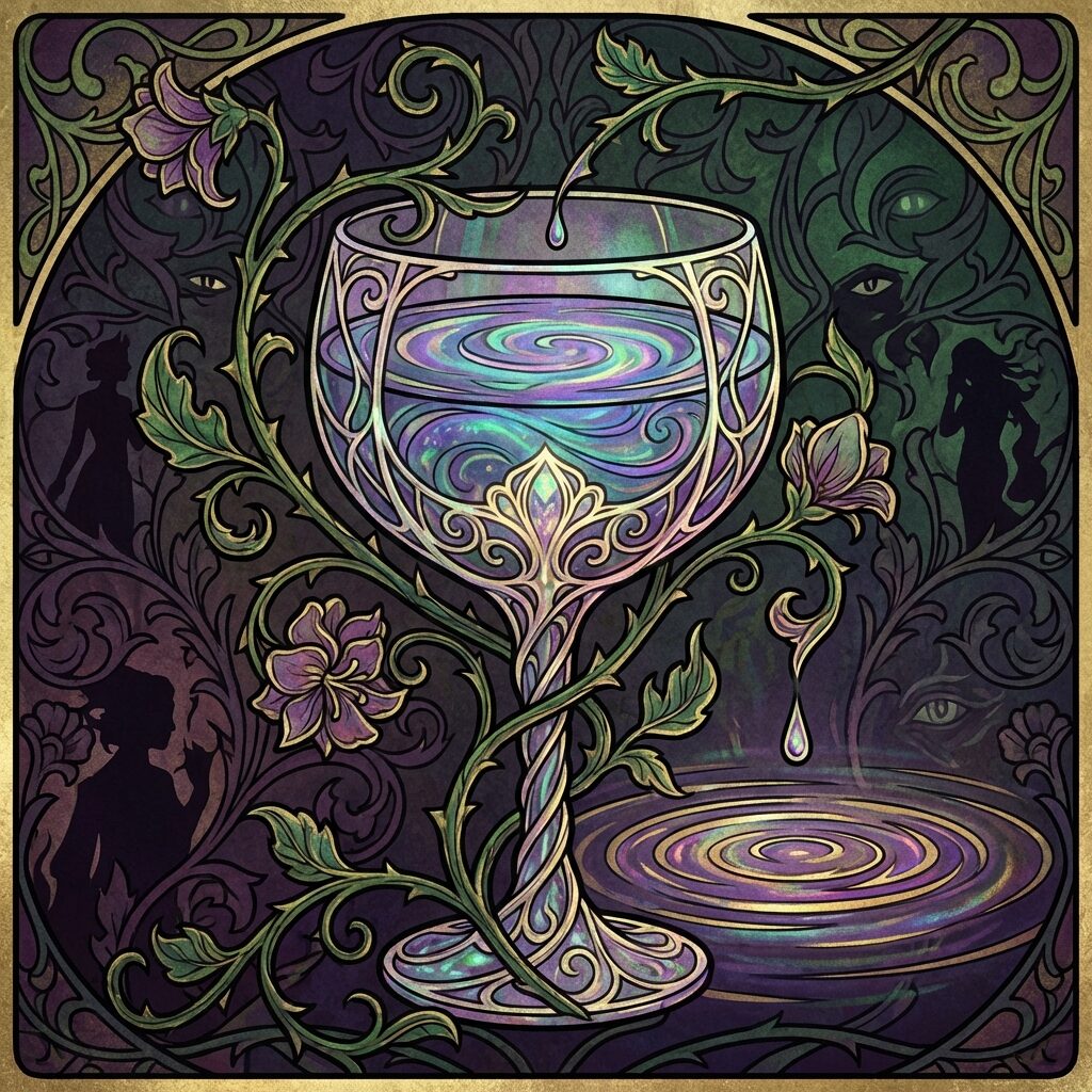 A stylized art nouveau illustration of a crystal goblet filled with shimmering iridescent liquid, thorny vines wrapped around the stem, a single drop falling into the glass creating concentric ripples, rich jewel tones of deep purple, emerald green, and gold, dark moody background suggesting dangerous allure and temptation