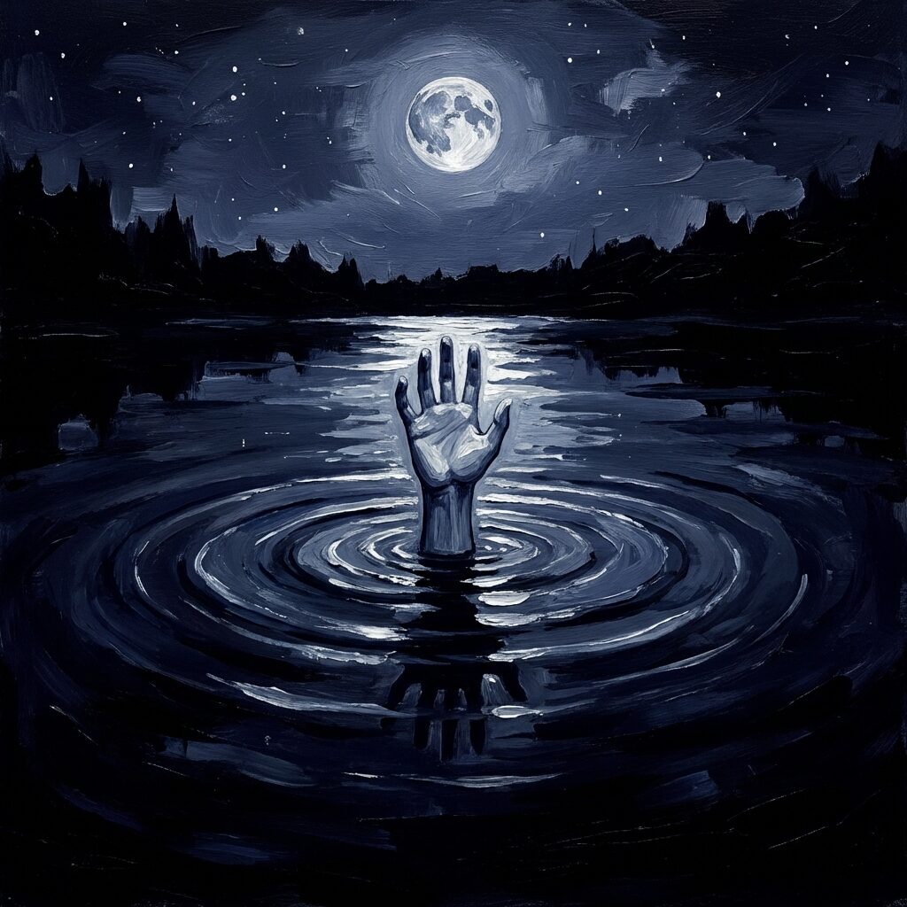 A dark, reflective body of still water at night with a single hand reaching up from below the surface, illuminated by cold moonlight. The shoreline is barely visible in shadow. The mood is eerie, lonely, and emotionally charged. Ripples spread from the hand across the glassy surface. The color palette is deep indigo, silver, and black. Stylized and artistic rather than realistic — more like a painting than a photograph. No text, no faces.