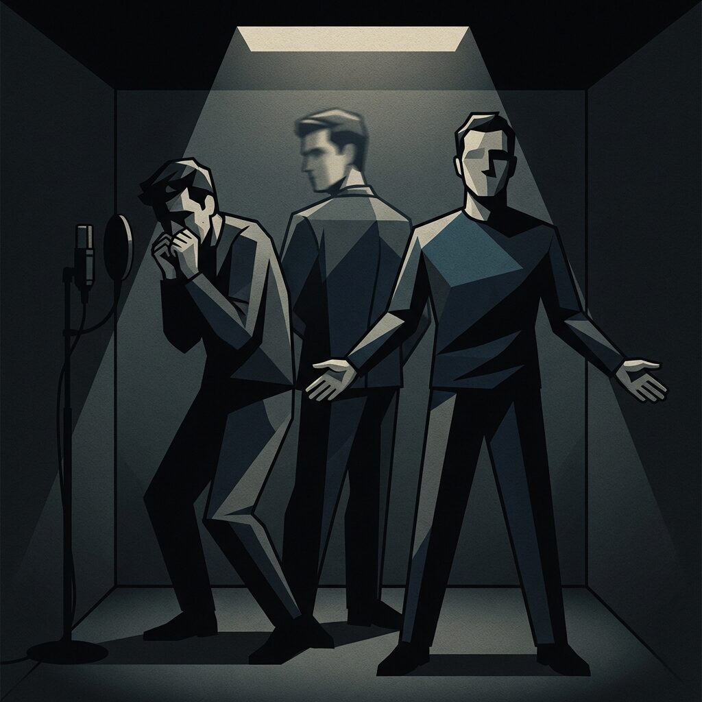 A stylized illustration of three figures standing at three different microphones in a dark recording booth, each partially overlapping the next, their faces obscured or blurred, rendered in stark geometric lines — the first figure nervous and hunched, the second standing but looking away, the third facing forward with arms open — dramatic top-down studio lighting, deep shadows, high contrast