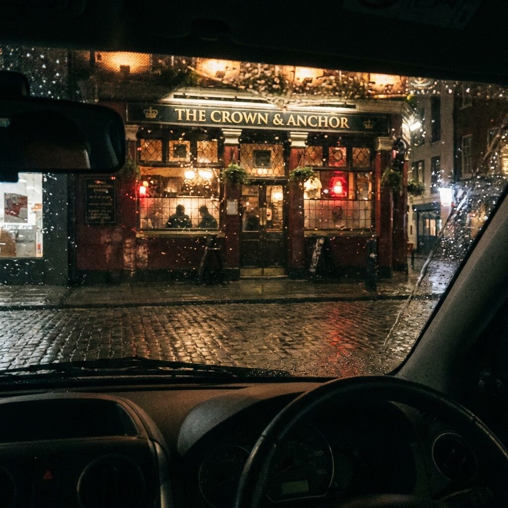 A rain-soaked street at night outside a warmly lit British-style pub, seen through a car windshield covered in water droplets. The interior glow of the bar is visible through the glass, soft amber and red tones. The perspective is from outside looking in — the viewpoint of someone who has just seen something they can