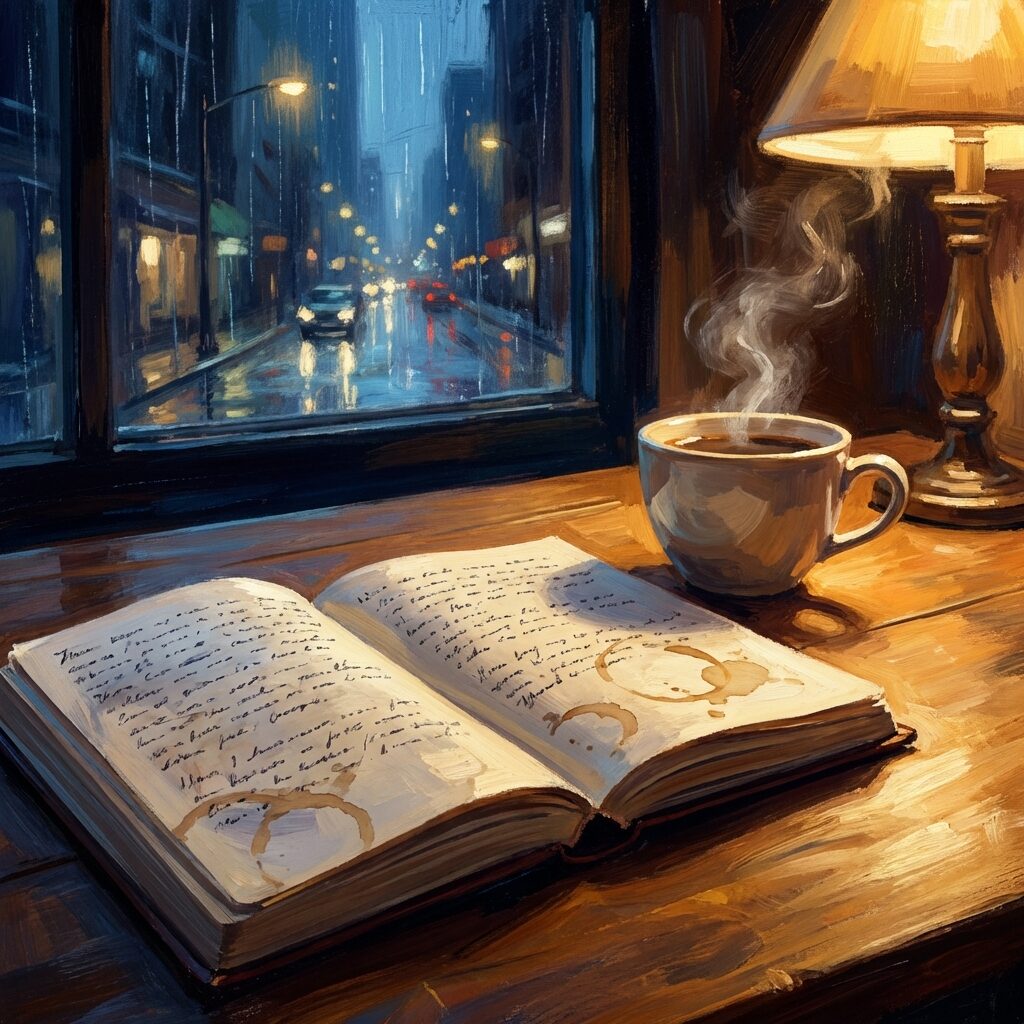A stylized illustration of an open notebook with handwritten song lyrics visible but slightly blurred, a coffee cup steaming beside it on a wooden table. A window in the background shows a rainy night. The mood is reflective and intimate, like a private confessional. Warm lamplight against a cool dark background. Ink lines and coffee stains visible on the paper. No readable text, no faces, painterly style.