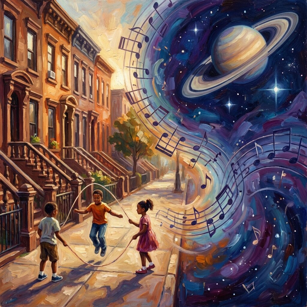 A stylized artistic scene divided into contrasting halves. On the left, a vibrant urban neighborhood with children playing double dutch on a sidewalk, brownstone buildings, and warm sunlight. On the right, a cosmic deep space scene with Saturn